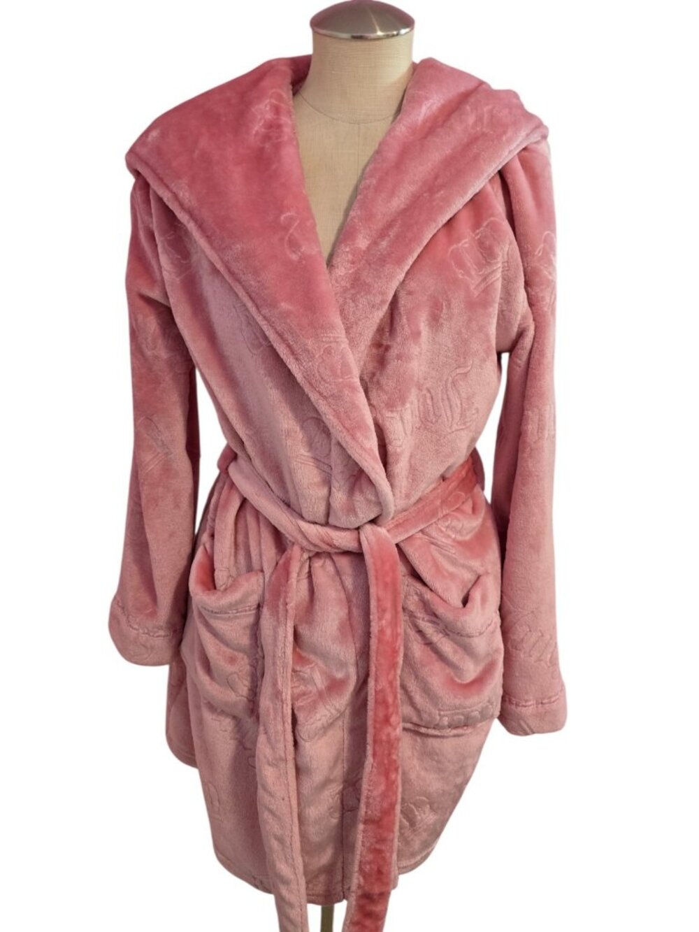 Juicy Couture Pink Plush Hooded Robe L/XL Embossed Logo Belted Soft Sleepwear